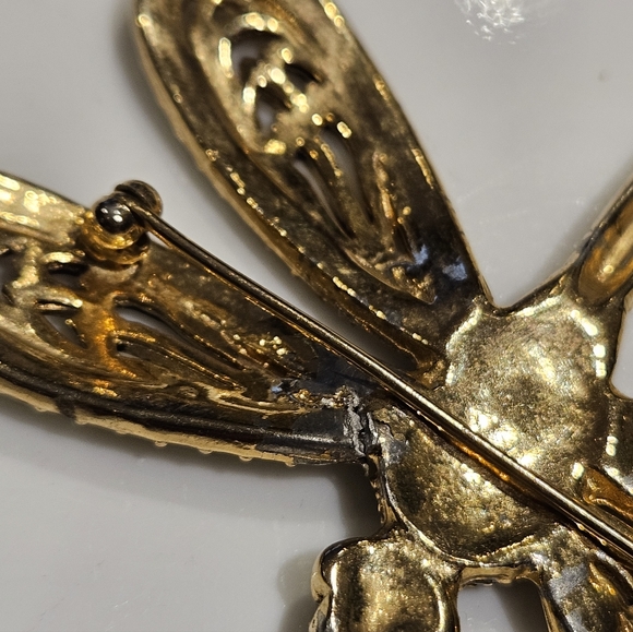 Vtg Gold Dragonfly Brooch  Rhinstones Black Enamel Umarked Possibly Vogue 3" x 2 - Picture 6 of 6